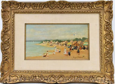 SUZANNE DEMAREST (American 1900-1985) Oil on canvas, Depicting a French beach scene with families