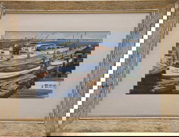 Martin Linsey (American, 1915-2010) Watercolor Coconut Grove-Boat docks. some foxing. Sight 13-1/2 x