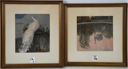 2 Pcs Hans Frank (Austrian 1884-1948) Color Woodcut "White Peacock" c1920. Signed Sold with Swan.