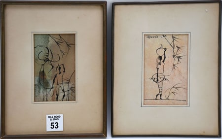 Pair Romeo V. Tabuena (Filipino, 1921-2015) Ink /watercolor Drawings. Male/female. Approx. 4 x 2-1/2