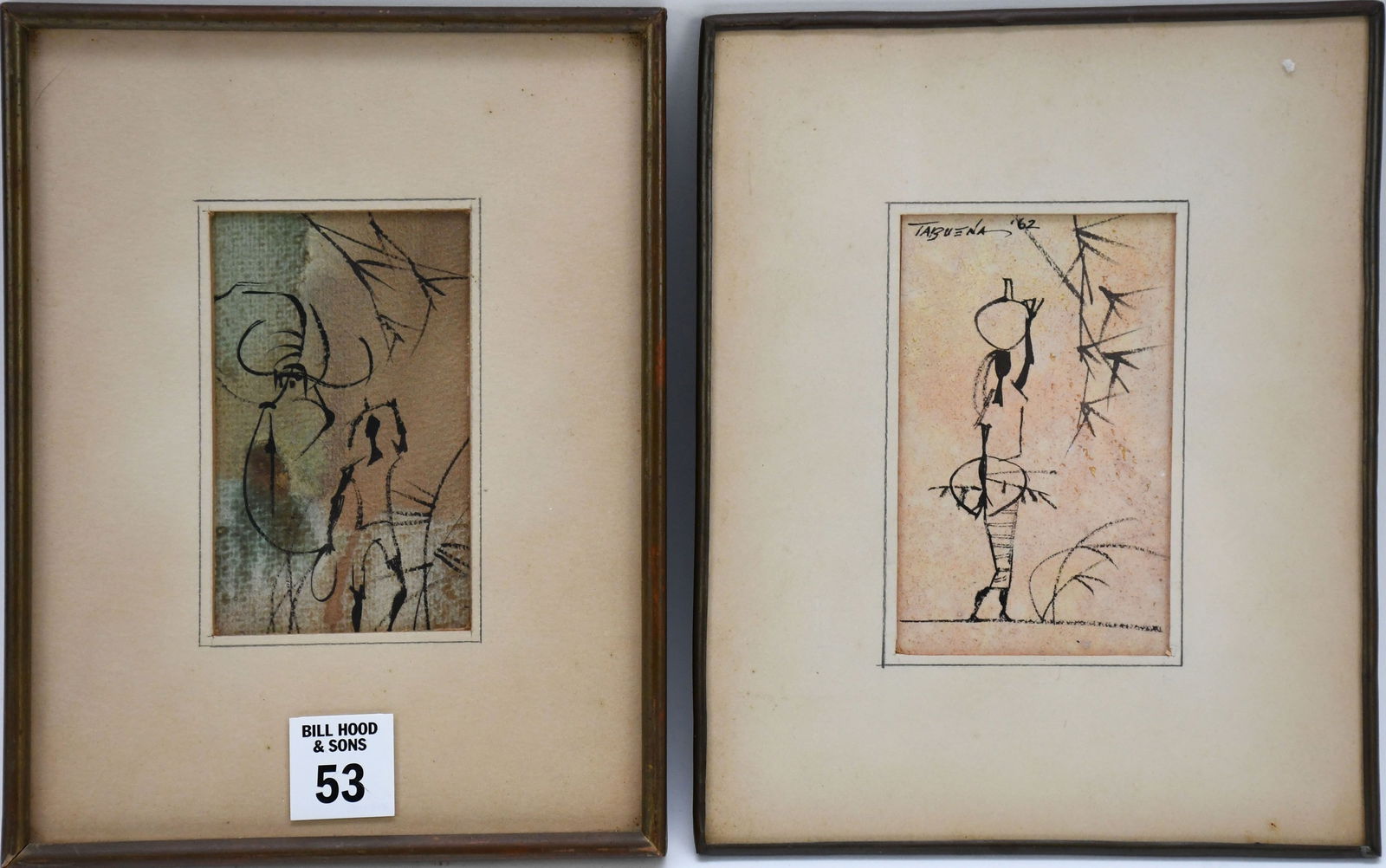 Pair Romeo V. Tabuena (Filipino, 1921-2015) Ink /watercolor Drawings. Male/female. Approx. 4 x 2-1/2: Pair Romeo V. Tabuena (Filipino, 1921-2015) Ink /watercolor Drawings. Male/female. Approx. 4 x 2-1/2 inches each. 8-1/4 x 6-1/2 inches.