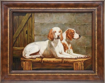Maitland Smith 20th Century Painting of 2 hunting dogs, Heavy duty frame, Oil on canvas laid on