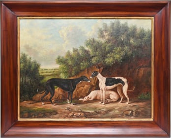 Maitland Smith 20th Century Landscape Painting with 3 whippet dogs in foreground, Heavy duty frame,