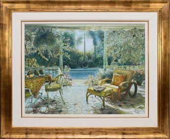 LARGE PETER HO (b.1953) ORIGINAL OIL PAINTING, Palm Beach Patio GARDEN STILL LIFE SIGNED PETER H
