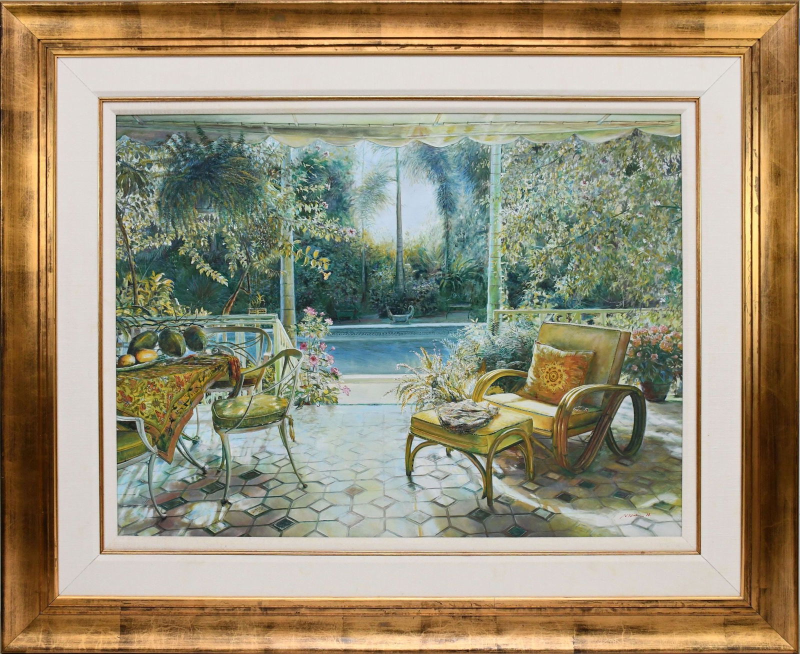 LARGE PETER HO (b.1953) ORIGINAL OIL PAINTING, Palm Beach Patio GARDEN STILL LIFE SIGNED PETER H (1 of 8)