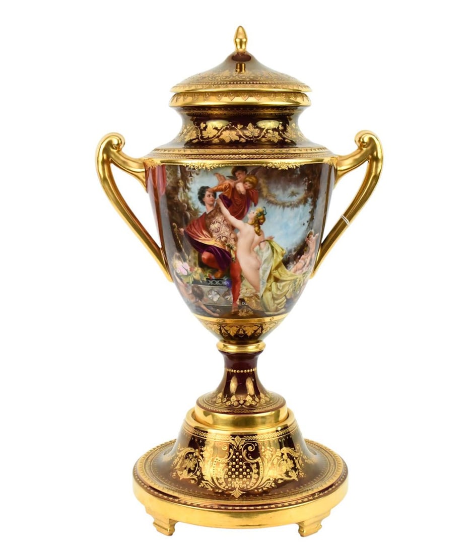 Vienna Porcelain 19th C. Large Urn, Allegorical Handpainted Panel on Pedestal (1 of 17)