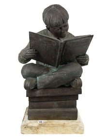 Howard Jason (American, 1968) "Innocence Lost" Verdigris bronze sculpture, seated boy reading a book