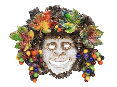 Italian Glazed Terracotta Bacchus Head with Multi-Color grapes and leaves, Mid 20th C. 12" high x