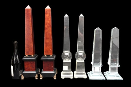 3 pairs Obelisks, 2 pairs of glass Obelisks and single pair of wood Obelisks Tallest 23.5" high x