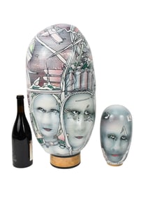 2 Pc Bing Gleitsman (American) Studio Art Pottery One very large Sculpture of 5 faces in a tall