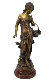 French Bronze Female Sculpture, "Rose de Mai", After Auguste Moreau, 22 1/2"h x 7"w