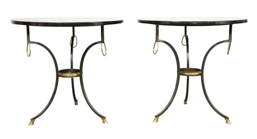 Pair French Directoire Gueridon Bronze Tables with Hoof Feet And Black Marble Tops, 28"h x