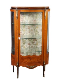 French Style Bowed Glass Vitrine, Gilt Metal Accents & Inlay Bowed Panels At Bottom, Fabric Lined