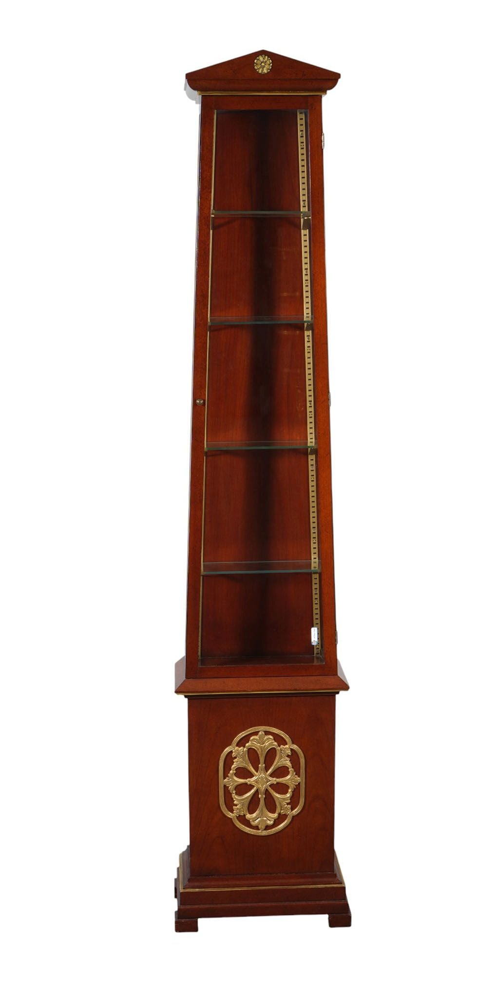 Vitrine/Curio Lighted Cabinet, Tapering Glass Cabinet Top on Wood Base with Gilt Metal Nouveau form: Vitrine/Curio Lighted Cabinet, Tapering Glass Cabinet Top on Wood Base with Gilt Metal Nouveau form Cartouche, 78"h x 17"w x 9"d ***If this item is not picked up by the Friday following the auction, i