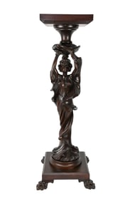 Carved Victorian Female Figural Pedestal on Square Base with Hairy Paw Feet, 41"h x