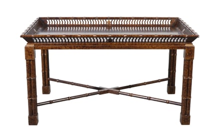 English Coffee Table, Faux Bamboo with Pierced Gallery Rim, 22"h x 38"w x