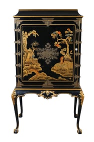 Karges Black Lacquered Chinoiserie Decorated Cabinet with Large Gilt Metal Mounts on Raised Cabriole