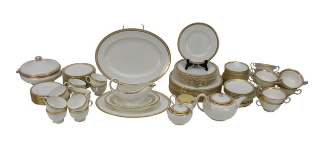 Wedgwood Porcelain Dinner Set, Gold Ulander Pattern, incl; 12 Dinner Plates, 12 Salad Plates, 12 B &