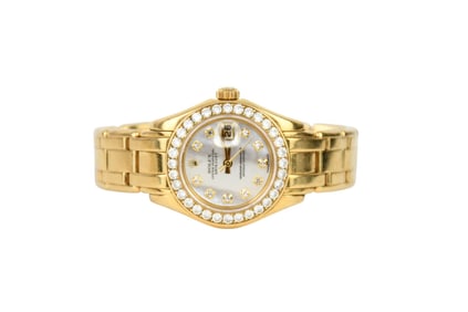 Ladies Rolex Pearl Master Perpetual Date Just 18K Yellow Gold. Diamond Bezel & MOP Diamond Dial.