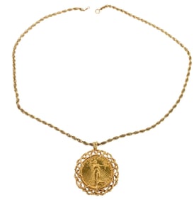 1927 Twenty Dollar Gold Coin Pendant Necklace. 14K Rope Necklace with 1927 Twenty Dollar Gold Coin