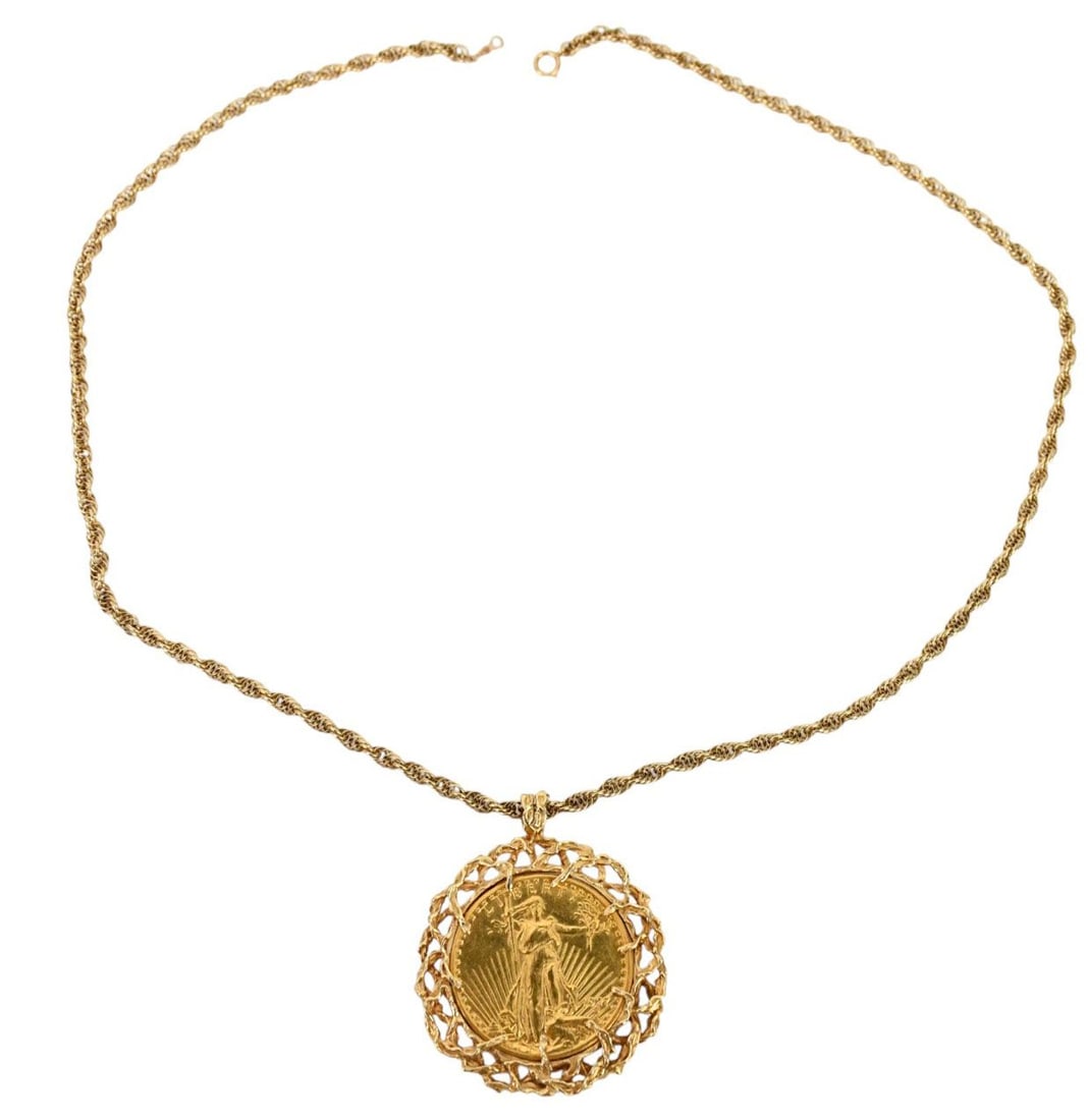 1927 Twenty Dollar Gold Coin Pendant Necklace. 14K Rope Necklace with 1927 Twenty Dollar Gold Coin: 1927 Twenty Dollar Gold Coin Pendant Necklace. 14K Rope Necklace with 1927 Twenty Dollar Gold Coin Pendant. Total wt. 63 grams Necklace 24" Pendant 2.25" "Payment must fully clear before item is relea