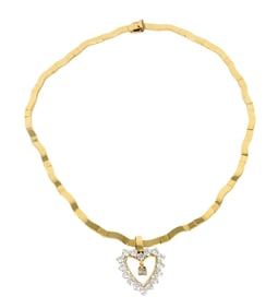 14K Yellow Gold Necklace with Diamond Heart Pendant. Necklace 16" Heart Pendant 1.25" 16 Diamonds