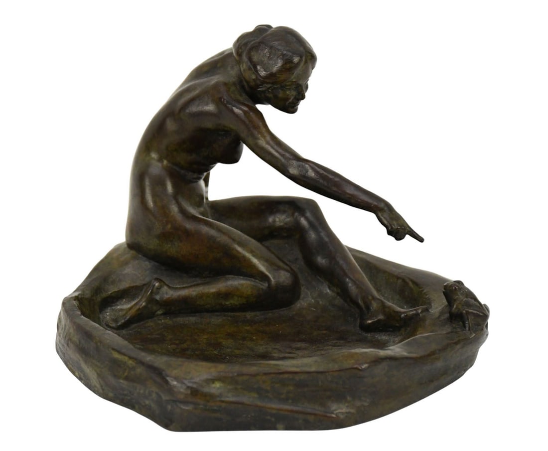 Harriet Whitney Frishmuth (American, 1880-1980), "Girl with Frog" Patinated bronze sculpture, signed: Harriet Whitney Frishmuth (American, 1880-1980), "Girl with Frog" Patinated bronze sculpture, signed "Harriet W. Frishmuth" and marked "Gorham Co. Founders, QEH, Copyright 1910" Size 4 3/4"hign x 6 1/