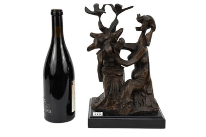 Brutalist Bronze, Signed Kurz, 1968, Girl with Flower & Birds - Patinated bronze brutalist sculpture