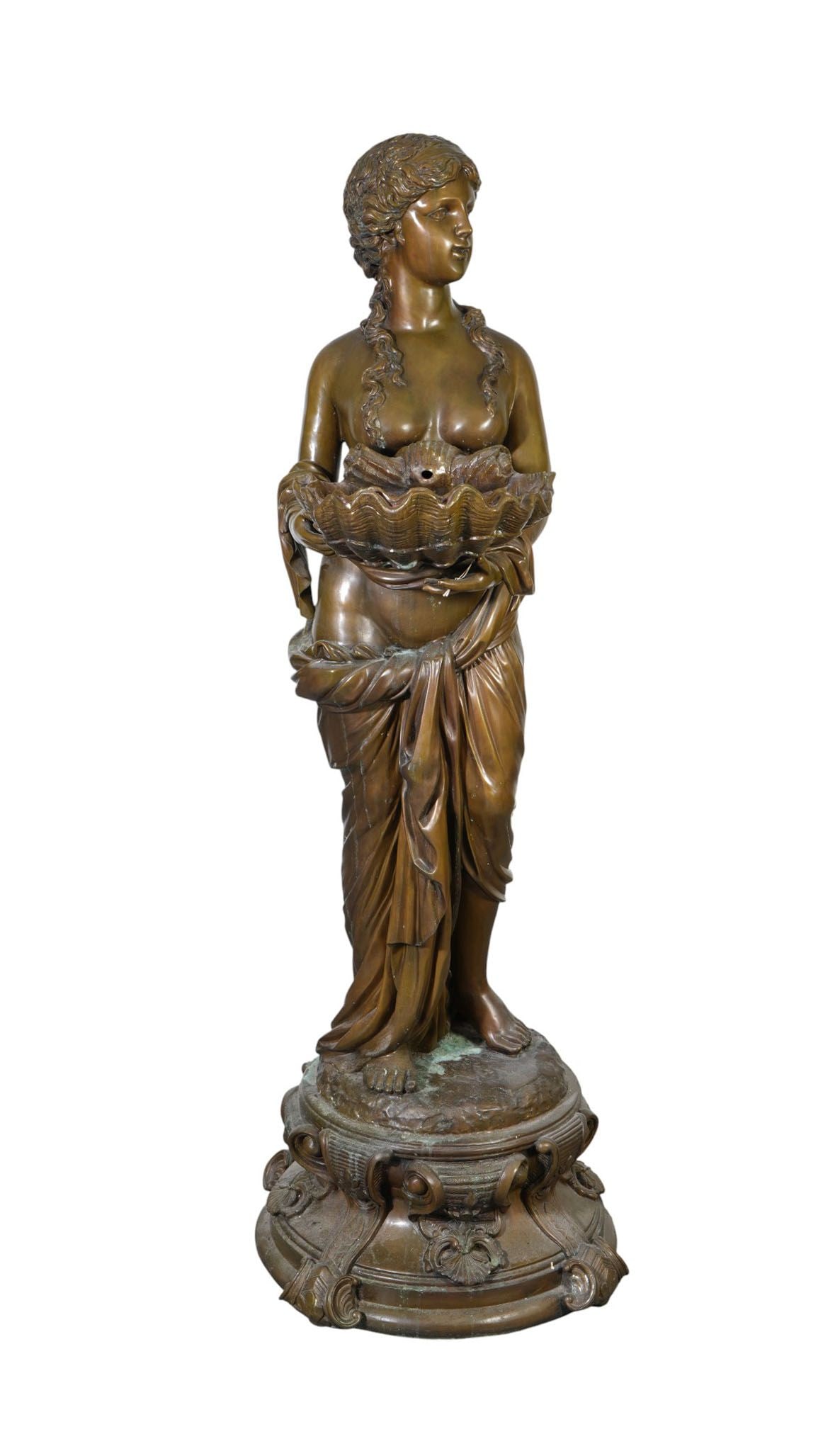 A Bronze Fountain Sculpture, Venus Holding Clam Shell - a classically styled bronze garden fountain: A Bronze Fountain Sculpture, Venus Holding Clam Shell - a classically styled bronze garden fountain sculpture of a semi-nude maiden, on a shell and scroll accented integral base, 68"h x 33"dia base. C