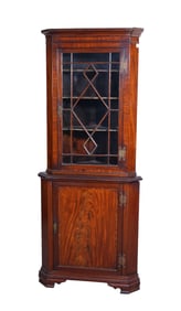 19th C. mahogany corner cabinet with unusual brass hardware, glass paned upper cabinet with three