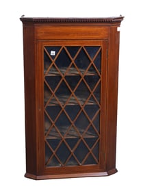 English Mahogany corner hanging cabinet with string inlay, lattice glass cabinet door; measures