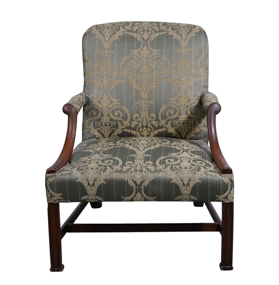 Antique Lolling Armchair, 18th/19th c. Silk green upholstery, 37"h x 28" w x 20": Antique Lolling Armchair, 18th/19th c. Silk green upholstery, 37"h x 28" w x 20" deep ***If this item is not picked up by the Friday following the auction, it will be moved to offsite storage and pick