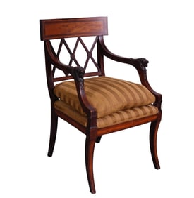 19th Century Mahogany single armchair With carved lion Heads handrest, string inlay frame; gold