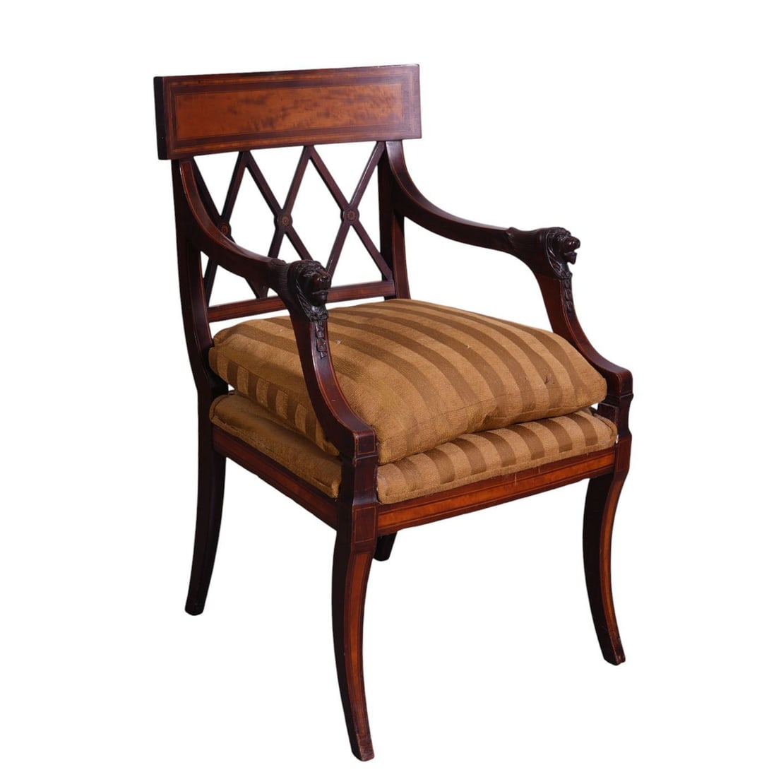 19th Century Mahogany single armchair With carved lion Heads handrest, string inlay frame; gold (1 of 9)
