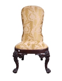 Antique Continental highly carved chair; lion motif with paw Feet, silk upholstery, 42 1/2"h x 23"w