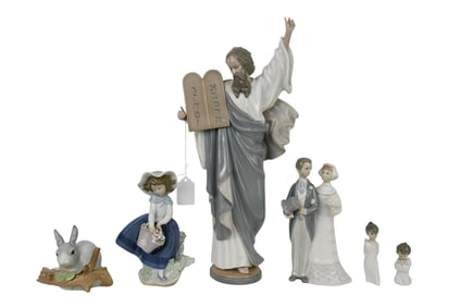 Six Lladro Spanish Porcelain Figurines - Moses and the Ten Commandments, 16", has a chip on finger.