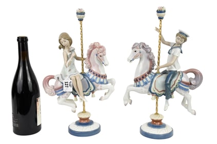 Lladro Porcelain Carousel Boy & Girl on Horses. 15.5" x 9.5" 1985 in excellent condition, no chips