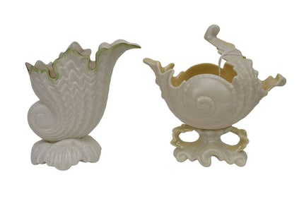 2 Belleek Nautilus Shell Form Pitchers, Irish Pottery - Comprising: (1) green trim Pitcher, 7" x