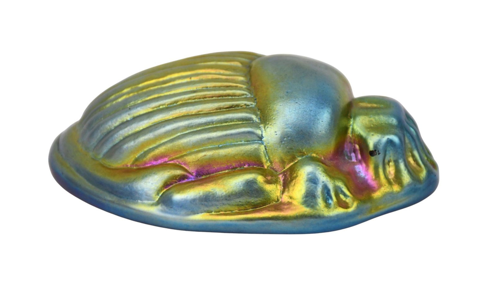 AURENE SCARAB PAPERWEIGHT, BLUE AND PURPLE HIGHLIGHTS, TIFFANY STYLE, 1 1/2"H X 4 1/2"L X 3 1/4"W: AURENE SCARAB PAPERWEIGHT, BLUE AND PURPLE HIGHLIGHTS, TIFFANY STYLE, 1 1/2"H X 4 1/2"L X 3 1/4"W