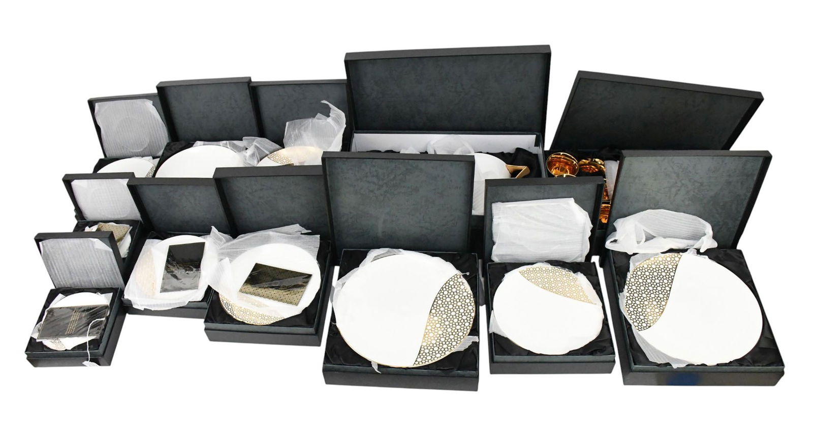 China Service Merdinger, Switzerland "Arabesque", 12 Coasters, 12 Tumblers, 2 Pitchers with Lids, 12: China Service Merdinger, Switzerland "Arabesque", 12 Coasters, 12 Tumblers, 2 Pitchers with Lids, 12 Bowls (9"dia), 12 Dinner Plates (12"dia), 12 Salad Plates (9"dia), 12 Dessert Plates (7 1/2"dia), 1