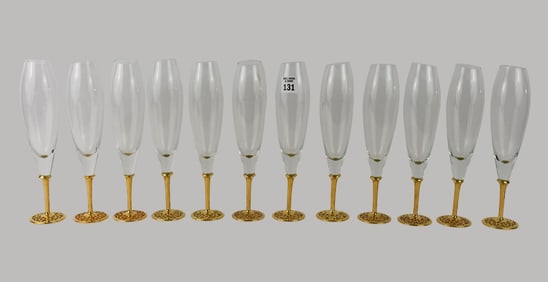 12 Champagne Flutes, Merdinger, Switzerland, "Arabesque", Gold Reticulated Stems (10 1/2"h)
