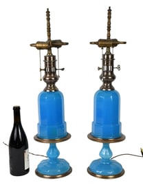 Pair French Blue Opaline Table Lamps with Brass Type Fittings, 28"h x 7"w
