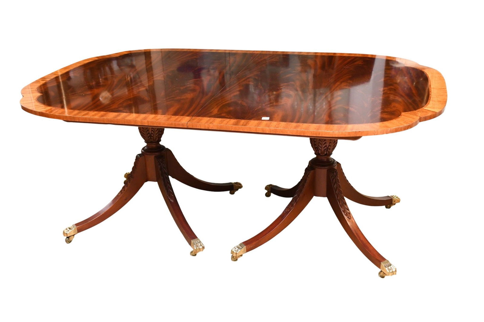 Baker Flame Mahogany Double Carved Pedestal Dining Table with Banded Lightwood Rim, Down swept Legs (1 of 4)