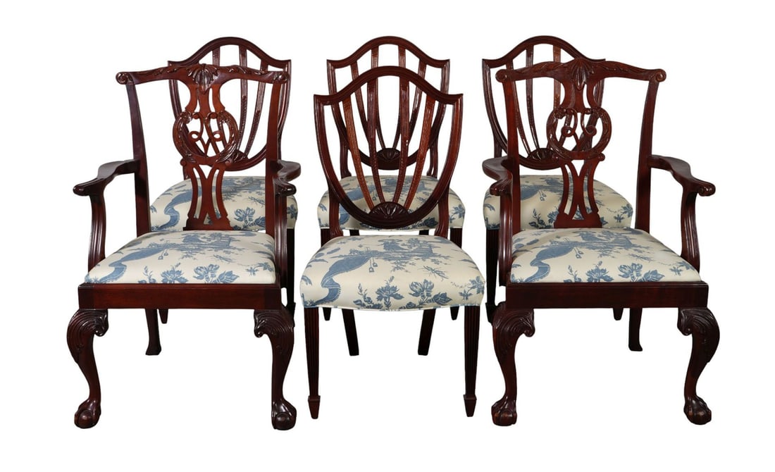 6 Mahogany Baker Chairs, 4 Hepplewhite Style Shield Back & 2 Chippendale Style Armchairs, Matching (1 of 11)