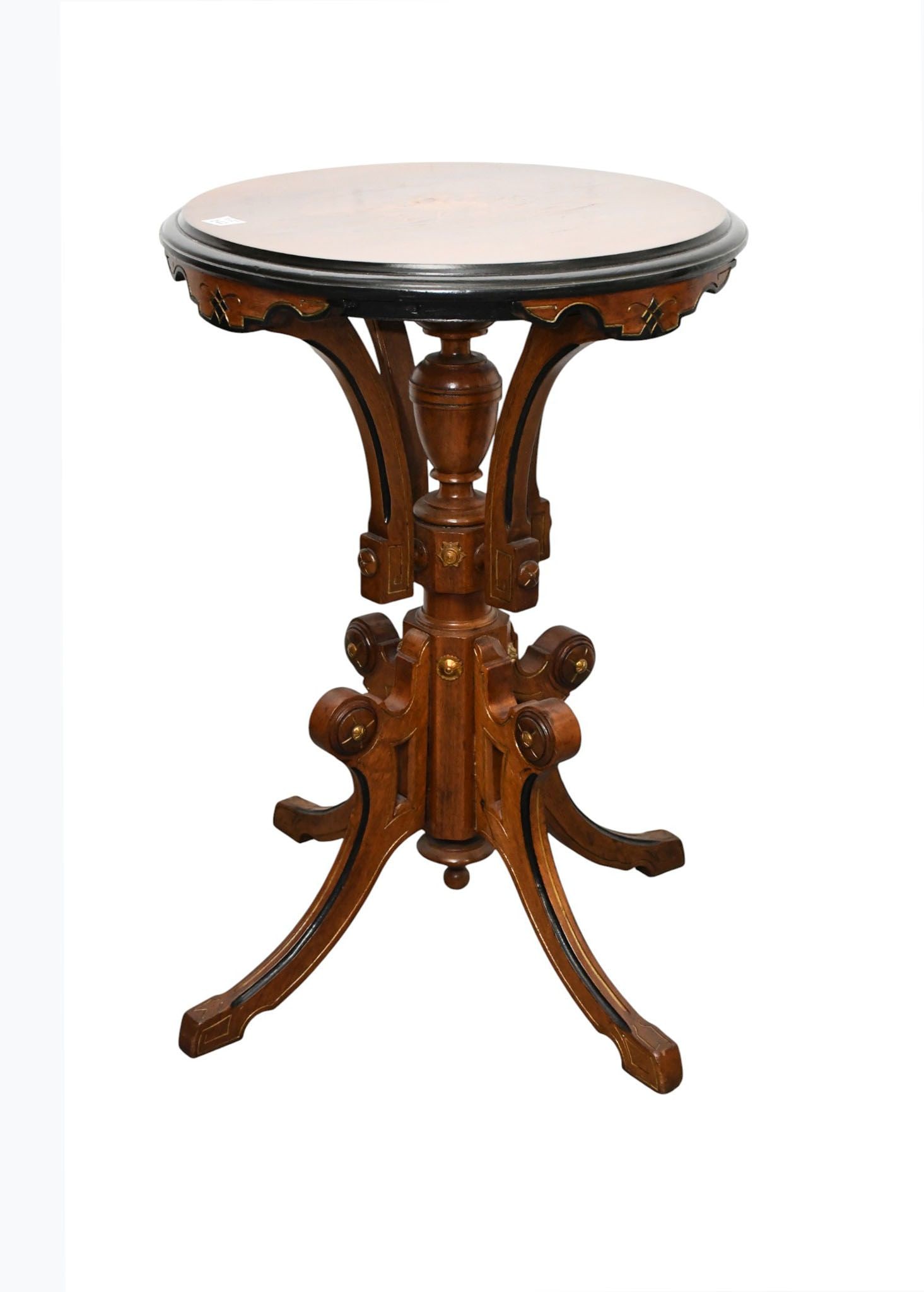 Renaissance Revival Walnut & Cherry Side Table With Inlay Musical Instruments in Center, 28"h x (1 of 3)