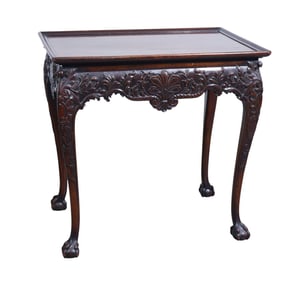 Mahogany Continental Tea Table with Elaborate Carved Apron on Chippendale Feet, 29"h x 30"w x