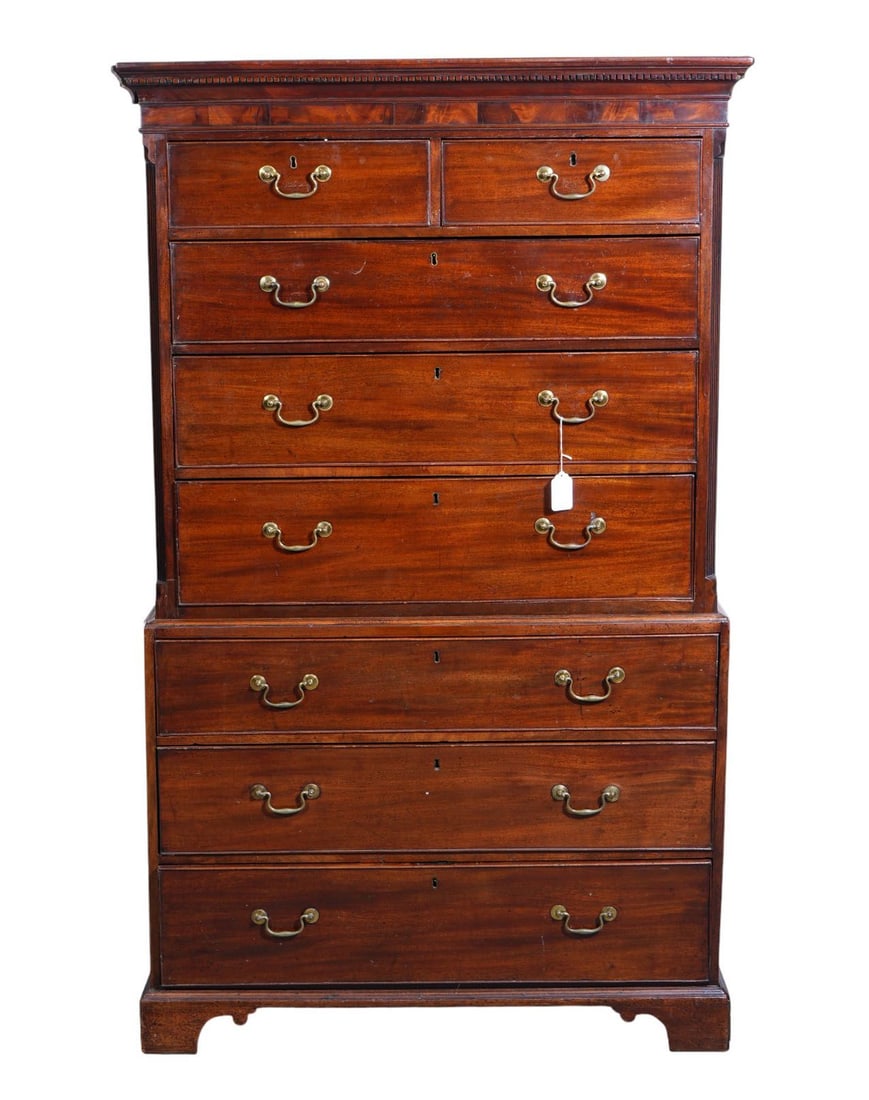 Antique English Chippendale Chest on Chest, Fine dentil molding over burled veneer, 2 side by side (1 of 13)