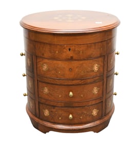 Late 20th c. Edwardian Style Mahogany Drum-Form Jewelry Chest, Brass Inlay & Fittings, Contains