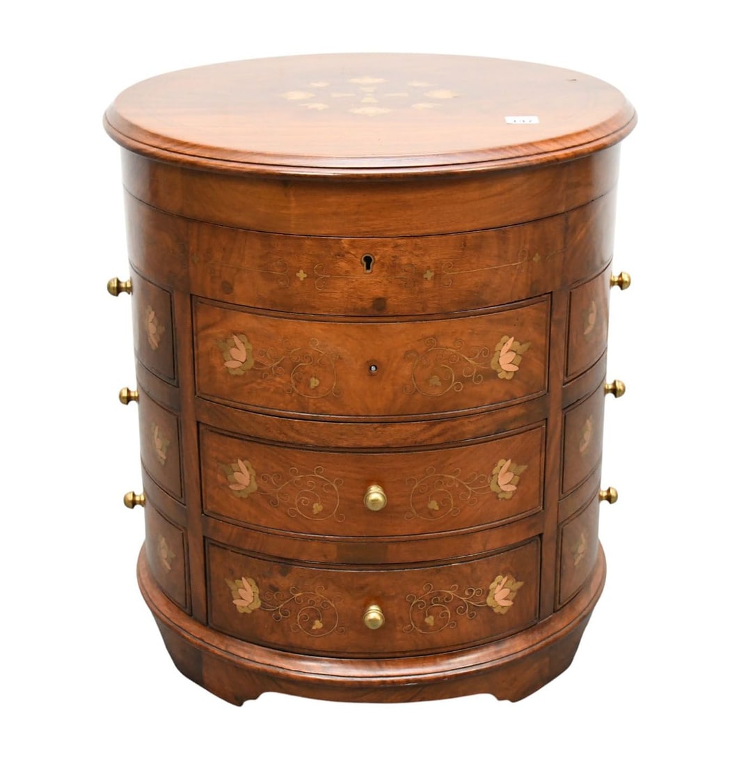 Late 20th c. Edwardian Style Mahogany Drum-Form Jewelry Chest, Brass Inlay & Fittings, Contains (1 of 10)