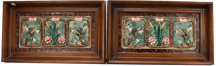 Pair Majolica Framed Plaques To Resemble Individual Tiles, Bird & Floral Motif, 28"h x 17 1/2"w x